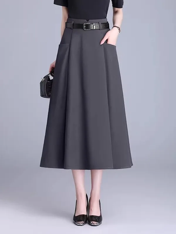 Gray A-Line Midi Skirt Large Size Conceals Belly Spring Summer New Style Full Swing Casual High Waist Polyester Fiber