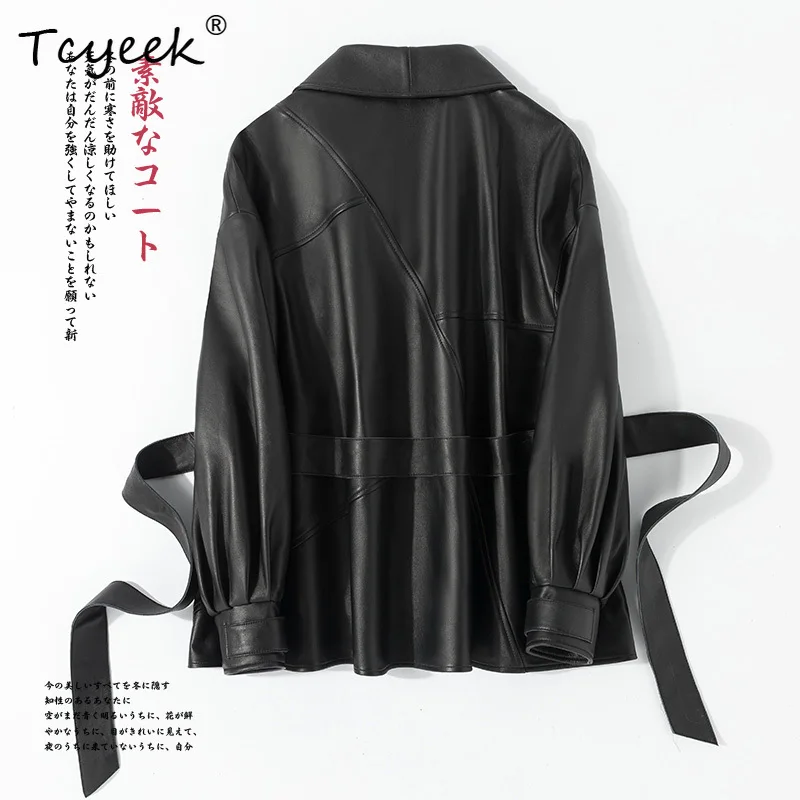 Tcyeek peau de mouton printemps automne col carré manches d'épaule longueur moyenne veste en cuir véritable pour femme Ж Dönishiжаха Куртка