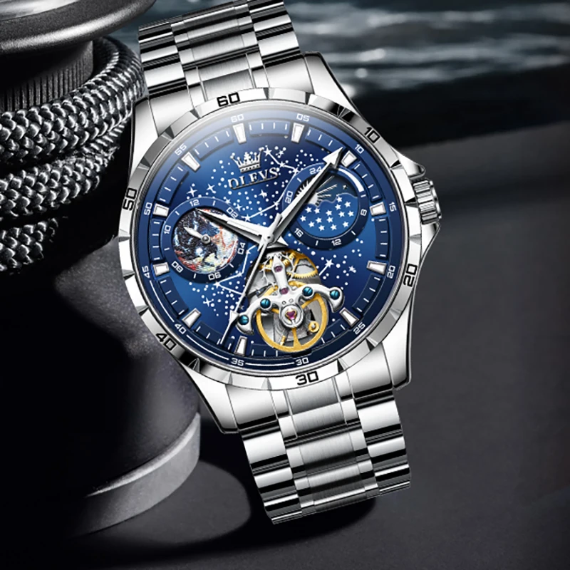 

OLEVS 6689 Mens Watch Original Flywheel Mechanical Watch Waterproof Luminous Starry Sky Dial Sports Watches For Man Gift Reloj