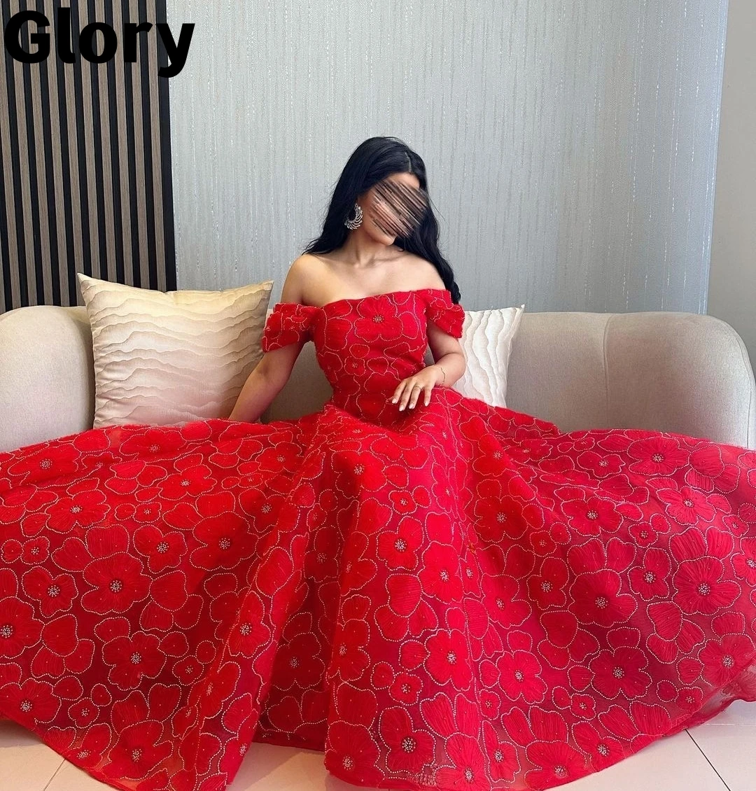 Red Luxury Evening Dresses Off Shoulder Flower Embroidery A-Line Prom Dresses 2023 Arabia Popular Formal Occasion Party Dresses