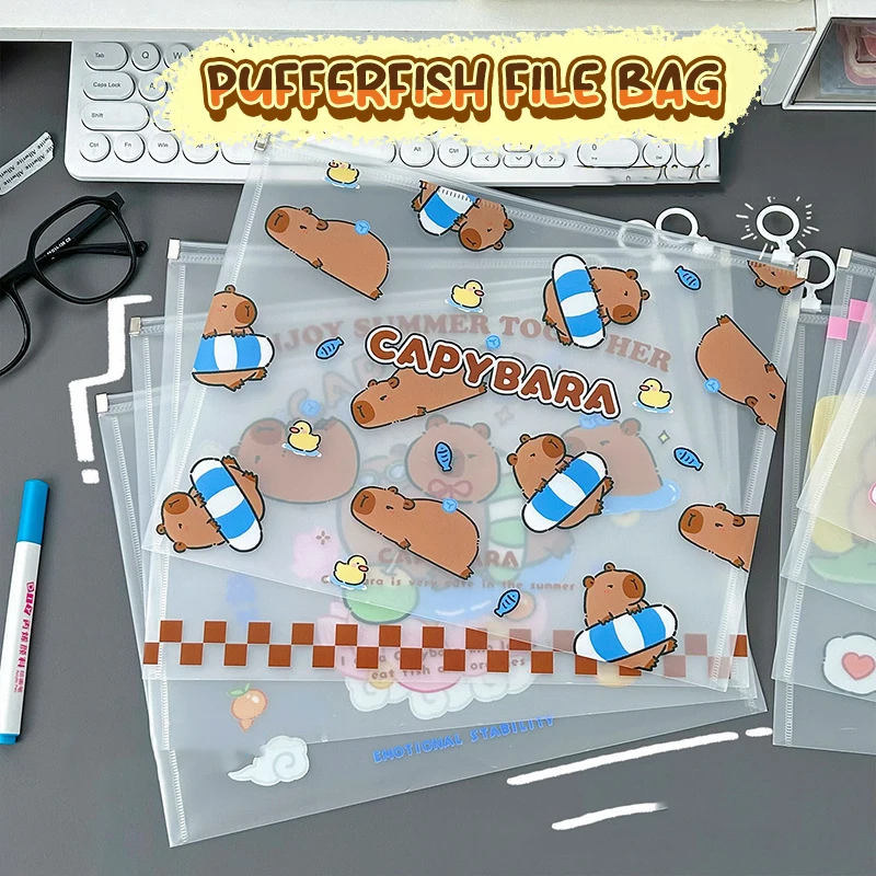 

Cartoon Capybara A4 File Bag Stationery Storage Pouch Transparent Document Bag Office File Holder School Folder Zipper Pouch