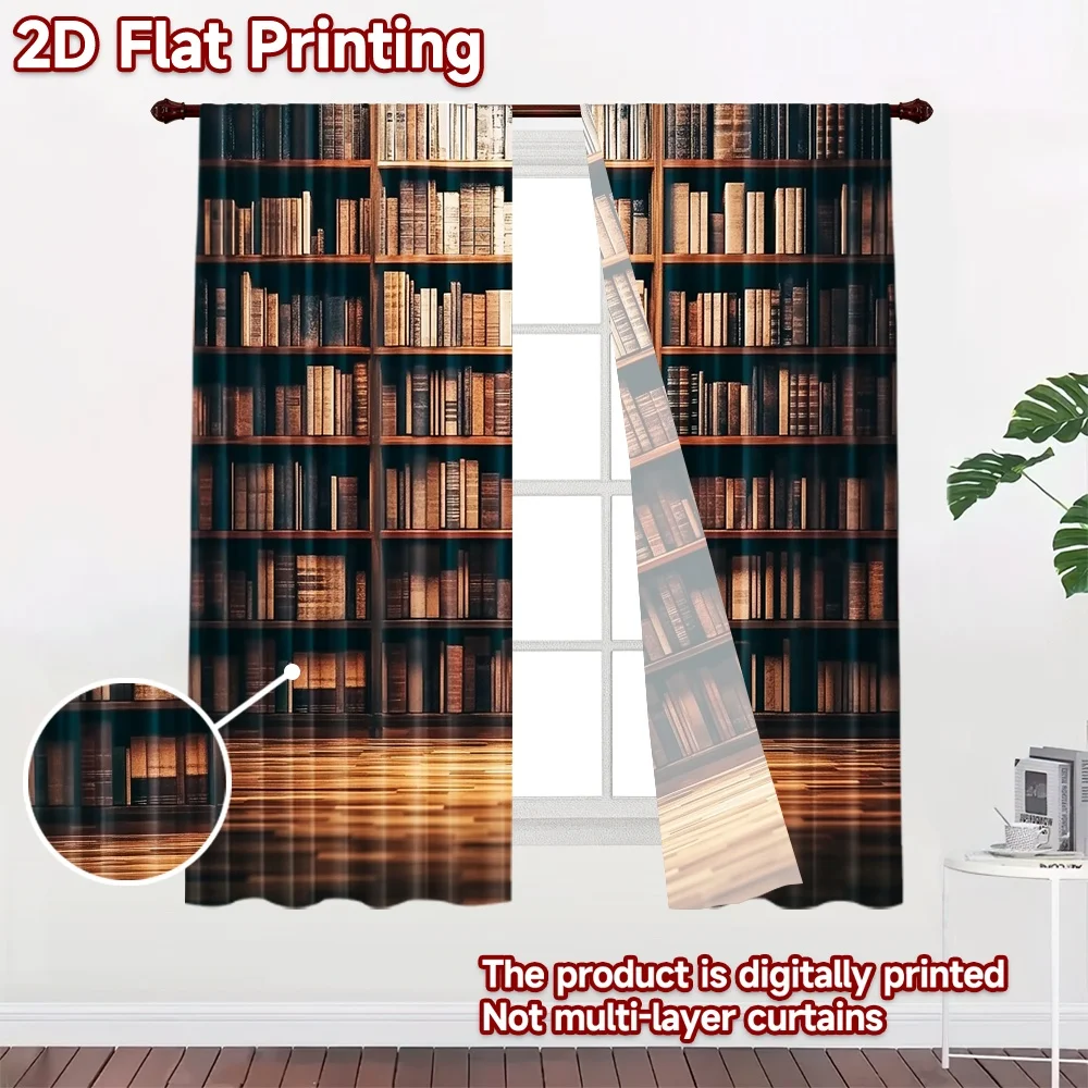 2D flat 2pcs Curtain Vintage drapes and curtains Vintage Library Bookshelves Durable polyester fiber Festive Wall Decor Perfect