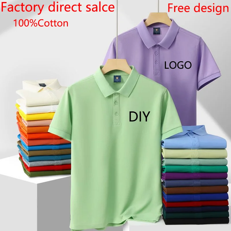 Summer 100% cotton overalls polo shirt custom company logo embroidered lapel short-sleeve T-shirt printing image 3