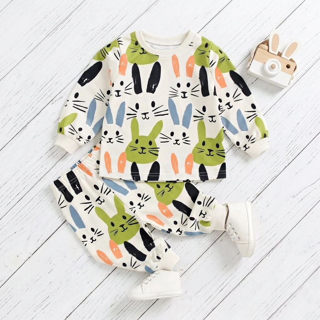 2Pcs Tops + Long Pants Little Kids Spring Clothing Sets Casual Bunny Unisex Baby