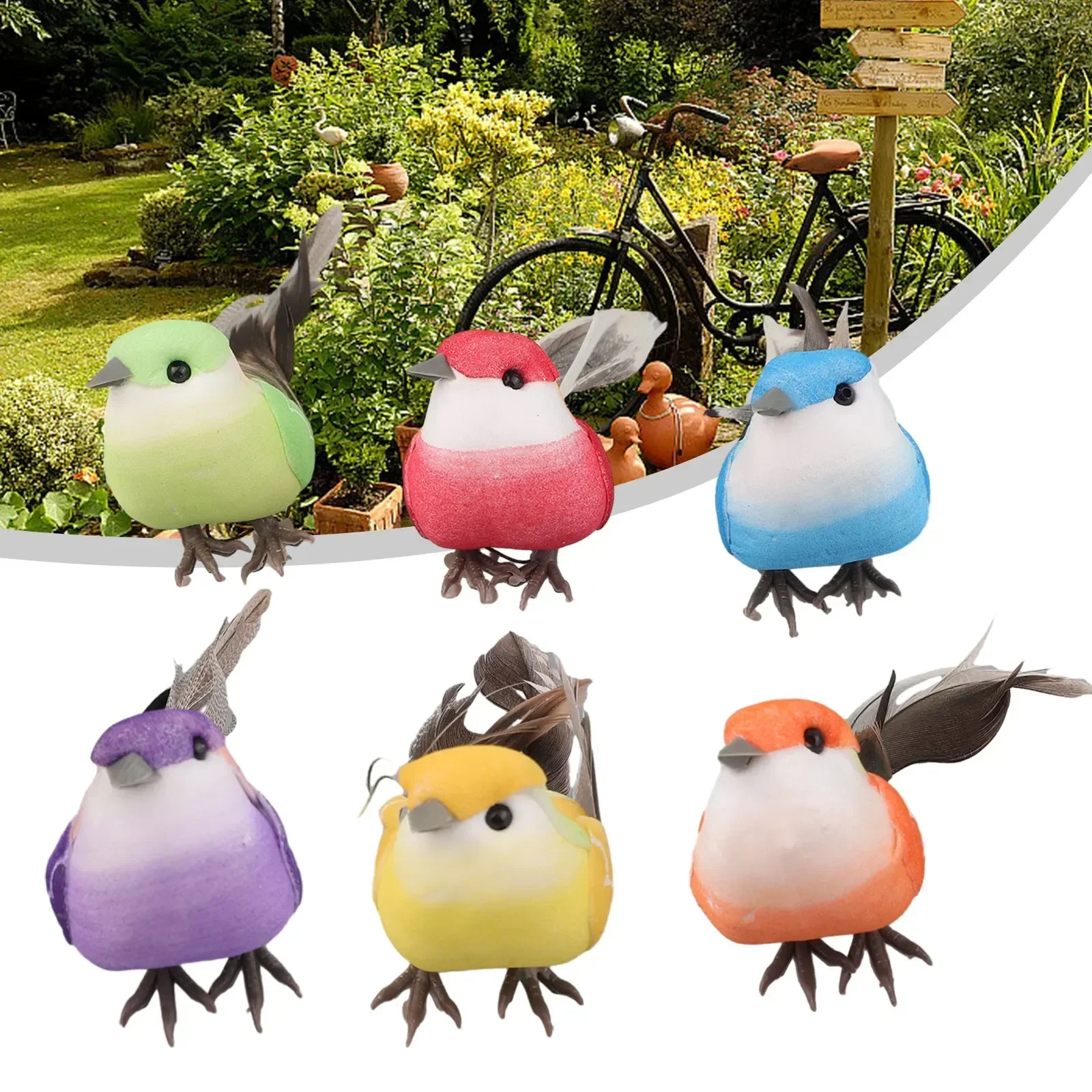 6pcs Cute Mini Simulation Birds Perched Woodland Fake Feather Birds Garden Decoration Outdoor Garden Party Prop Decoration