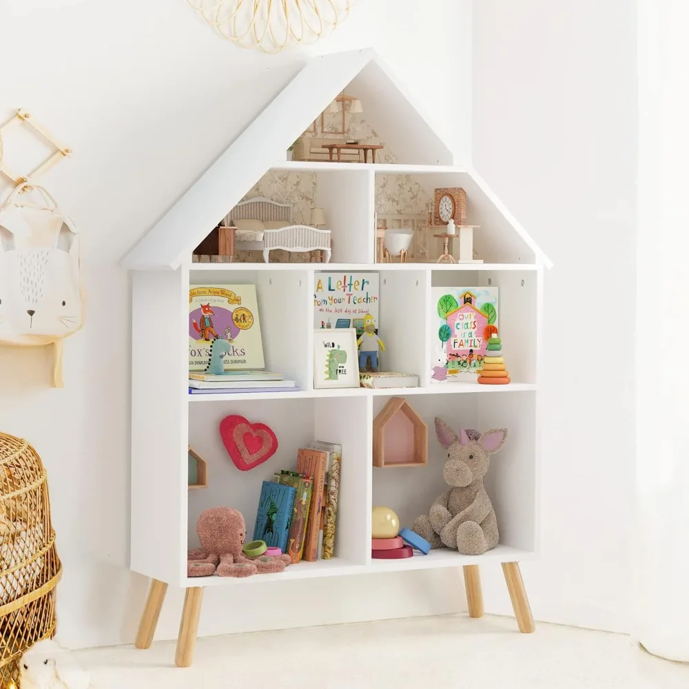 

Kids Dollhouse Bookshelf and Baby Storage - Wooden Stand Dollhouse Bookcase with 4-Tier Storage Display Organizer, Children Book