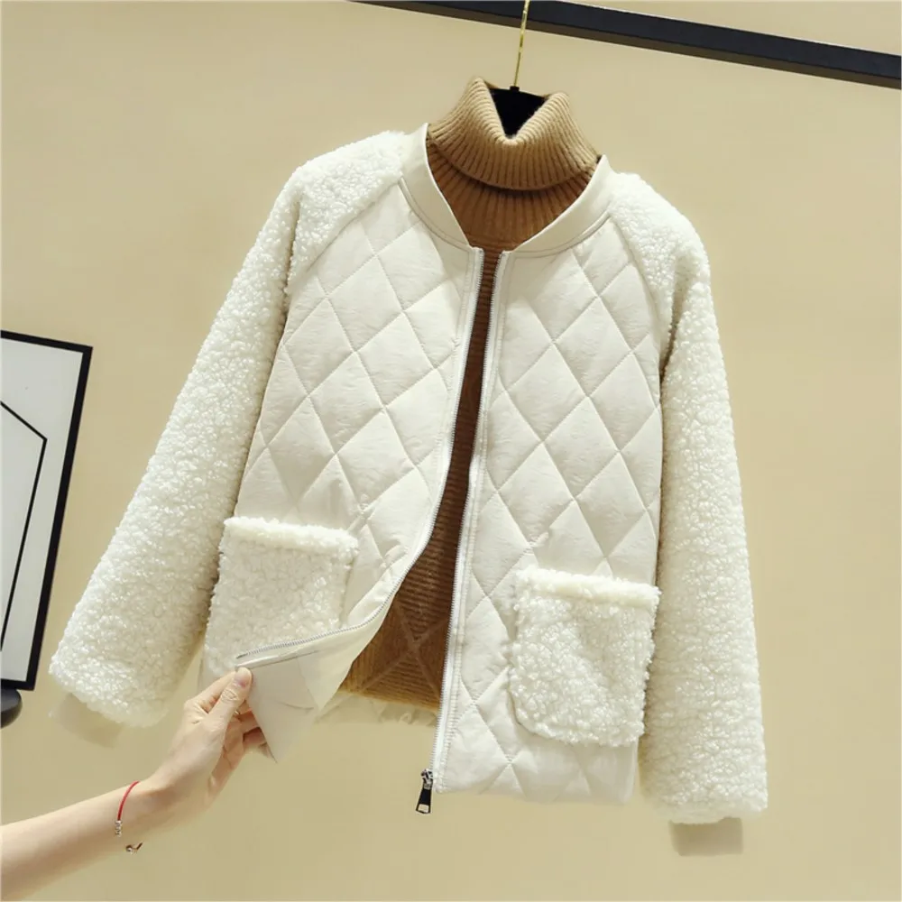 Fashion Short Imitation Wool Lamb Splicing Women\'s Coat Winter New Small Cotton Padded Jacket Casual All-match Female Coat Tops