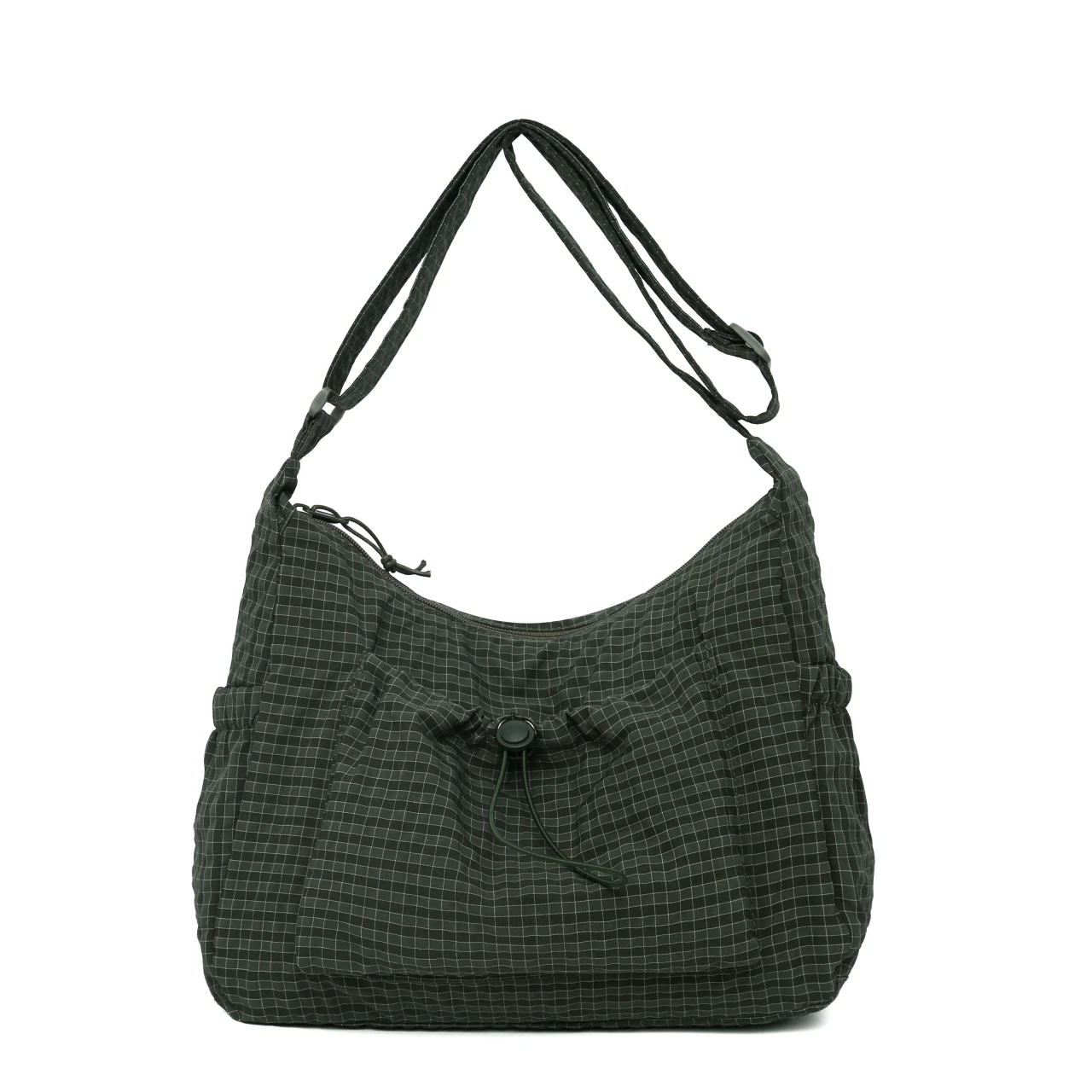 Olive Green Gingham Plaid Nylon Hobo Bags For Women Large Capacity Drawstring Shoulder Bags Lightweight Daypack for School Bags
