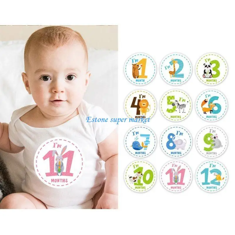 090B 1-12 Months Baby Monthly Milestone Sticker Baby Photography Props Photo Stickers Animals Photographic Props