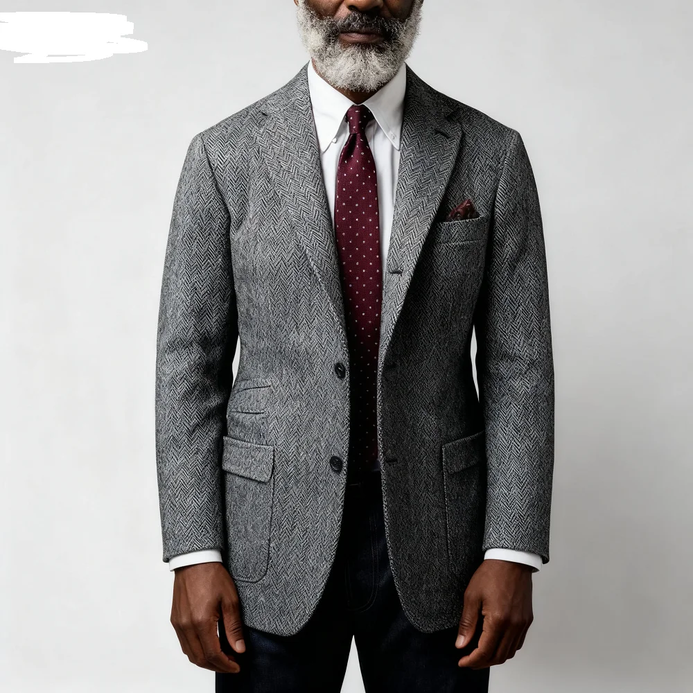 

Men's Tweed Fishbone Blazer Dark Grey Notch Lapel Casual Sport Jacket Sporty Coat for Men