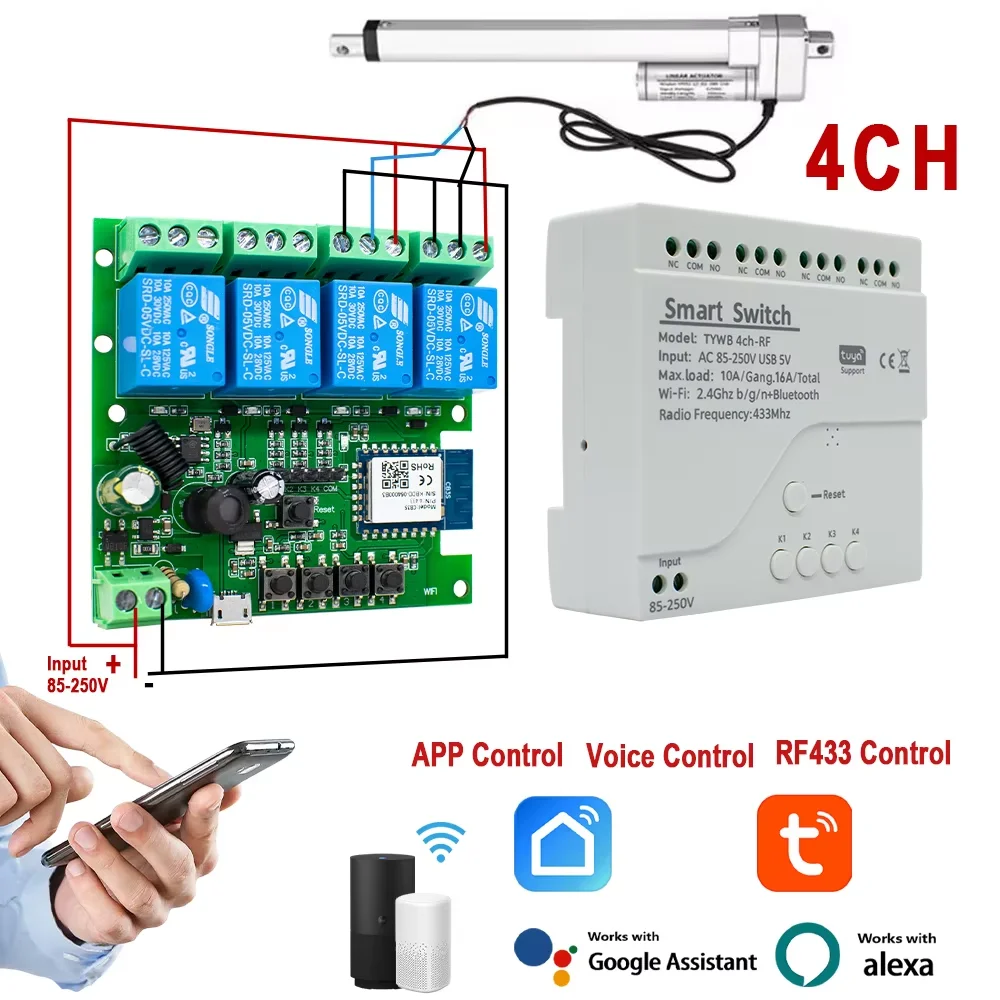 Tuya Relay 4CH Smart Home Switch Motor Dry Contacts Module 12V 24V 220V RF 433 Radio Remote Control Work With Alexa Google Home