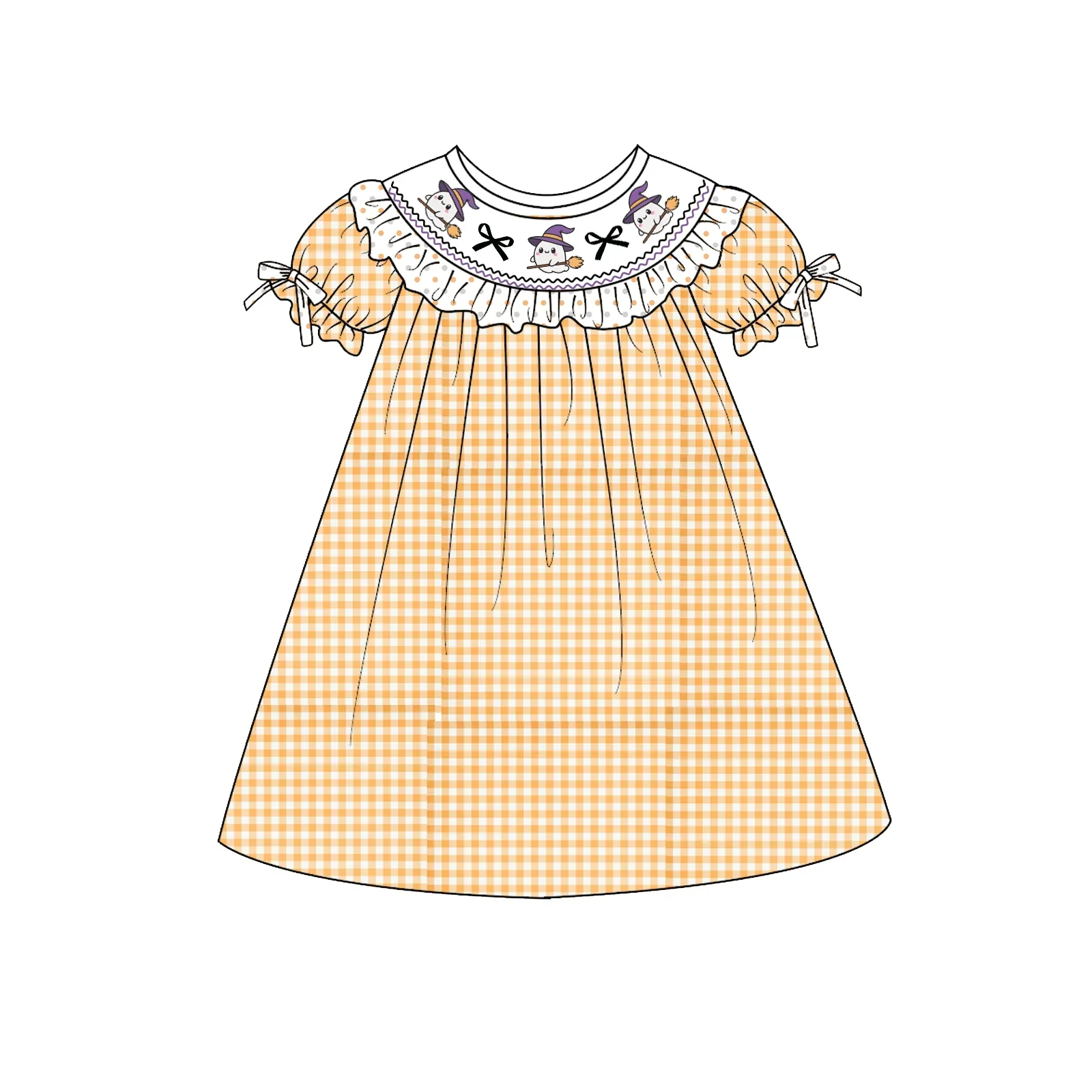 New Halloween Orange Plaid Print Boys' Short-Sleeve and Pants Boutique Set Matching Girls' Ruffled Dress and Romper