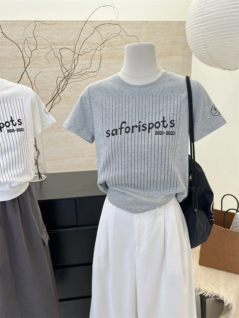 

Slim Fit Short Sleeve T-Shirt Women's Summer Vertical Stripes Print Korean Style round Neck Top plus Size Cotton Polyester Blend