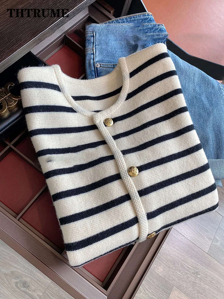 Women Fashion Warm Sweater Autumn Winter Knitted Striped O-Neck Single Breasted Jumper Casual Office Lady Long Sleeve Cardigan