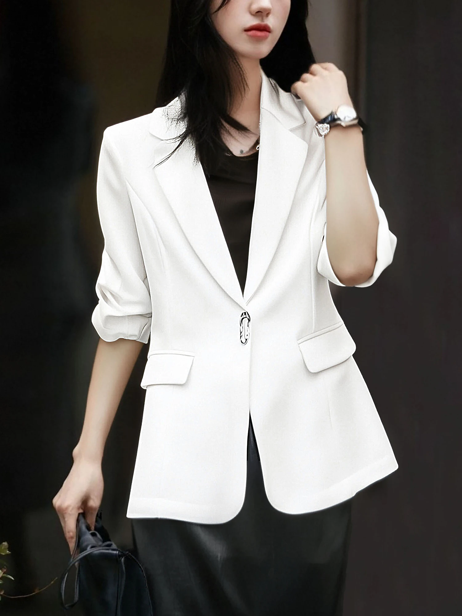 

Новая летняя женская куртка Chivirin с пятью пуговицами, повседневная, модная, однотонная, универсальная, с длинными рукавами, средней длины, А-силуэт