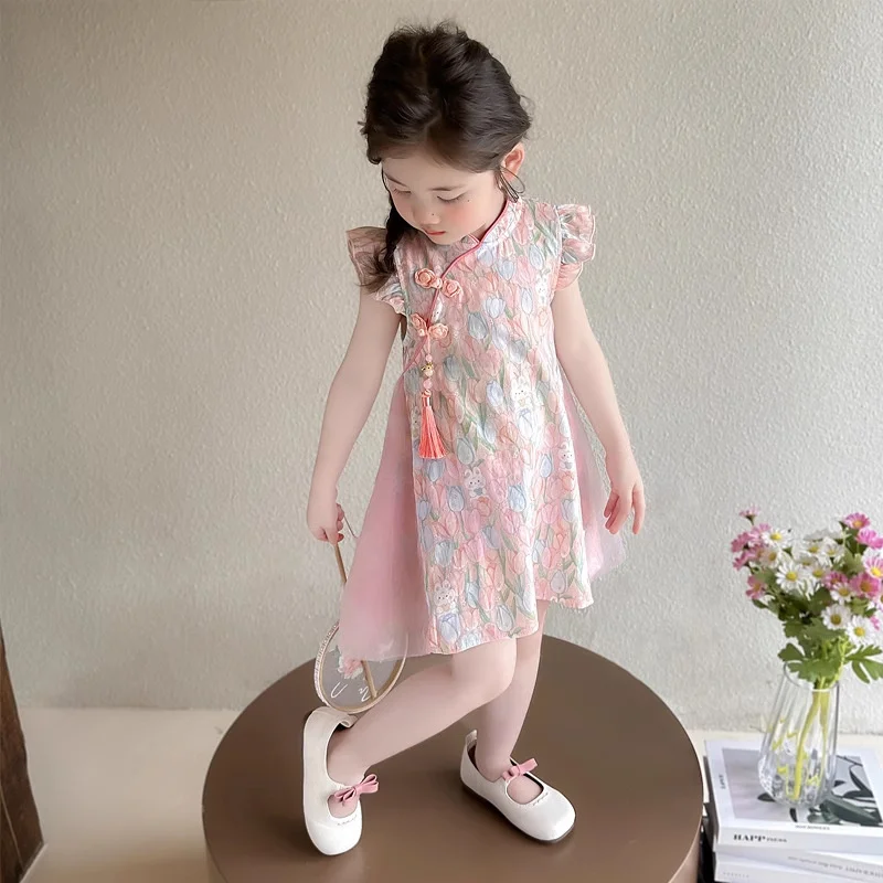 Girls Cute Print Dresses Children Birthday Party Sweet Elegant Modernized Cheongsam Kids Outdoor Casual Versatile Skirt 2-8Y