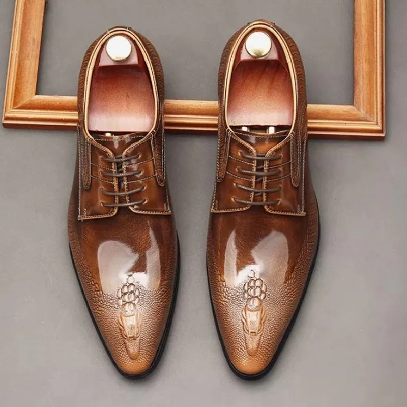 Crocodile-pattern Leather Shoes For Men Fashion Pointed Toe Lace-up Dress Shoes Patent Leather Business Formal Shoes