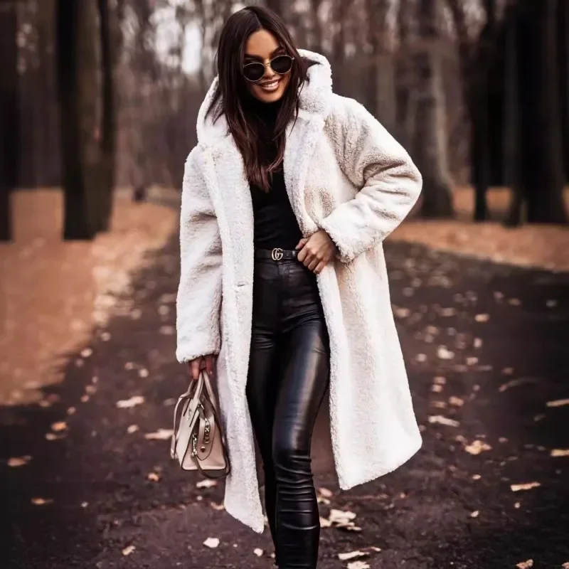 2024 Spring Wool Women's Long Coat Black Hooded Pocket Thick Warm Jacket Female Fleece New Trench Trendy Fashion Ladies Clothes