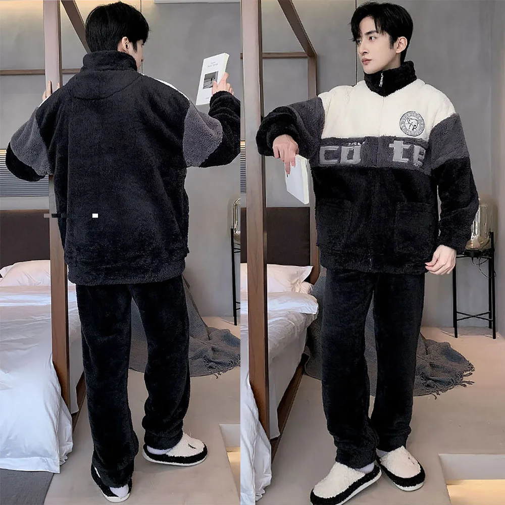 5XL Big Size Pajamas for Men Winter Plush Thicken Flannel Warm Sleepwear for Sleeping Fashion Cartoon Zipper Soft Pijama Hombre