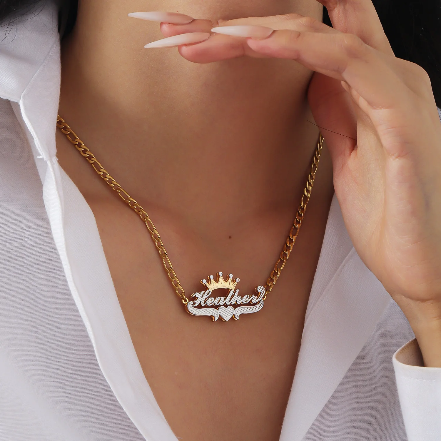 Custom 3D Two Color Name Necklace with Crown 18K Gold Plated Personalized Double Layer Nameplate Pendant Jewelry Gift for Her
