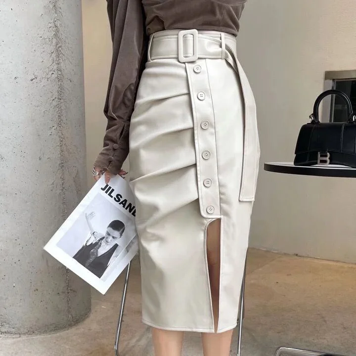 

Pu Leather Skirt Female Autumn Winter 2024 New Temperament Split High Waist Slim Bodycon Skirts Sext Streetwear Women Midi Jupe