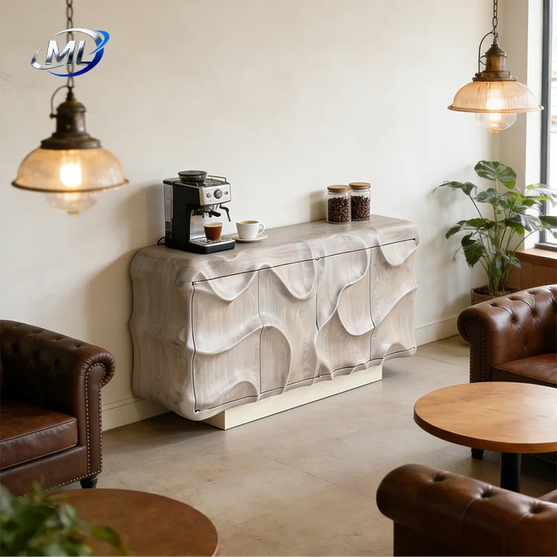 Factory Customized Mid Century Modern Ash Wood Sideboard Cabinet 4 Drawers Wave Special Shaped Entrance For Living Room Hotel