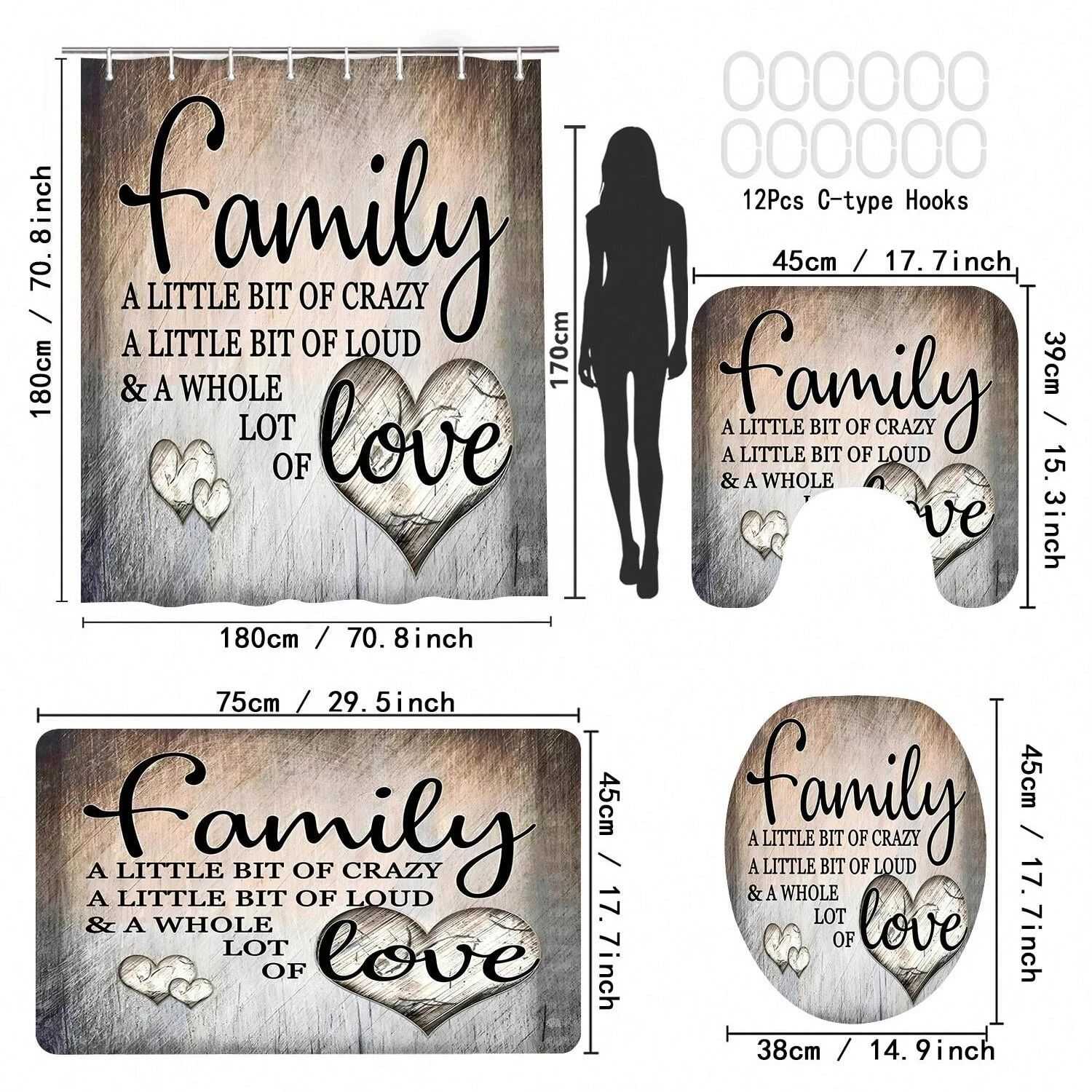 4Pcs Family Inspirational Quote Shower Curtain Set, Family A Little Bit Of Crazy A Little Bit Loud A Whole Lot Of Love Bathroom