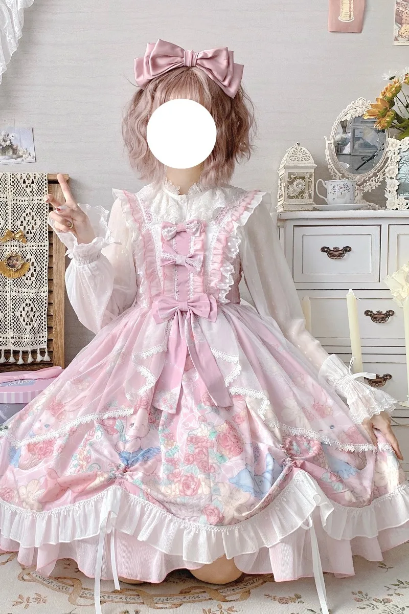 Luksusowy różowy Kawaii dziewczyna Lolita wieniec Bunny Tail Trailer królik dziewczyna sukienka śliczne Vintage Jsk bez ramiączek z kokardą księżniczka spotkanie przy herbacie