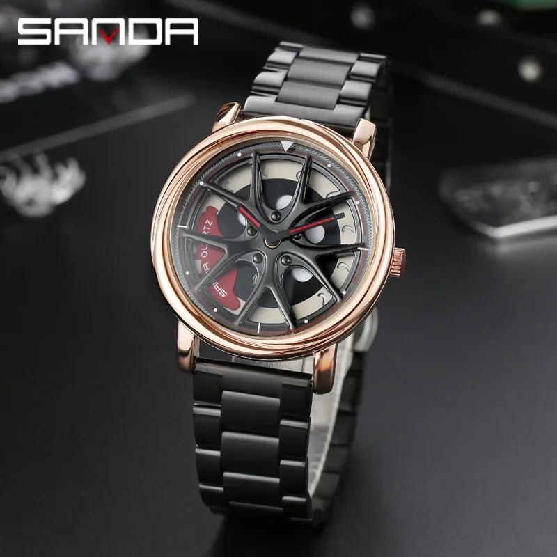 Men's fashion stainless steel waterproof sports quartz watch, hot selling car wheel watch 360 degree rotating wheel dial watch