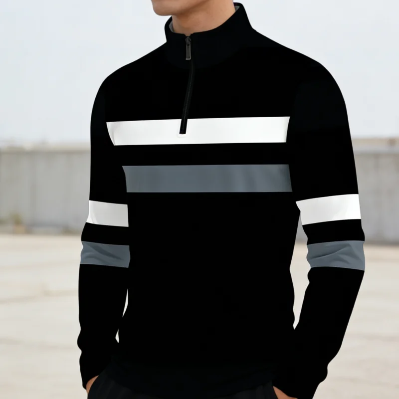 

New Classic Stripe Printed Men's Half-zip Stand Collar Tops Autumn Casual Comfortable Street Long Sleeve Man Pullover Clothing