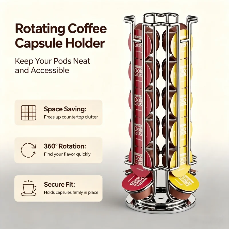 Rotating Coffee Pod Display Storage Rack Stand - 24-Cup Capacity with Non-Slip Base for Dolce Gusto Capsules and Coffee Tools