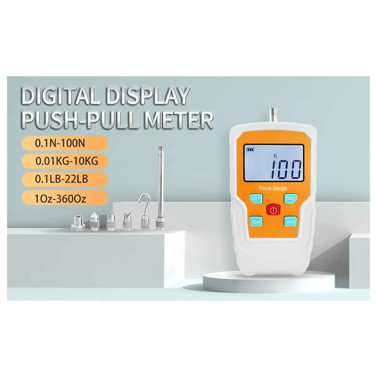 DT81 Digital Force Gauge Push and Pull Meter Dynamometer Tension Pressure Tester Thrust Meter Compression Load Plug 100N