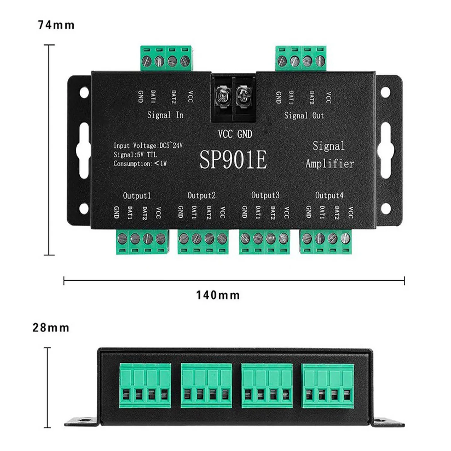 SP901E SPI Signal Amplifier for WS2811 WS2812B WS2813 Pixel RGB LED Strips Signal Repeater Addressable Dream Color Tape DC5-24V