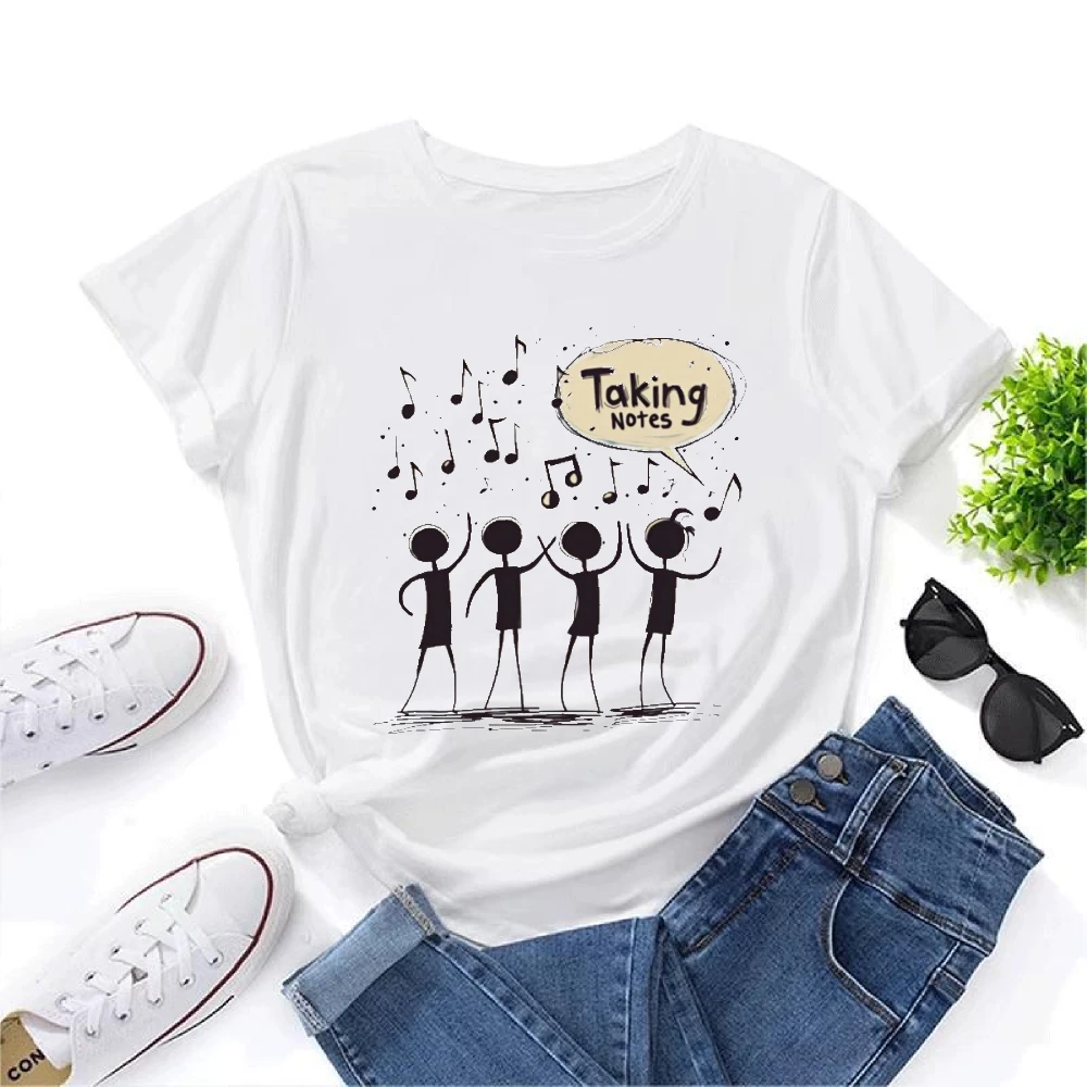 Taking Notes Dancing Stick Figures Men Unisex White T Shirt Funny Music Movement Graphic Tee Top Summer Party Shirt