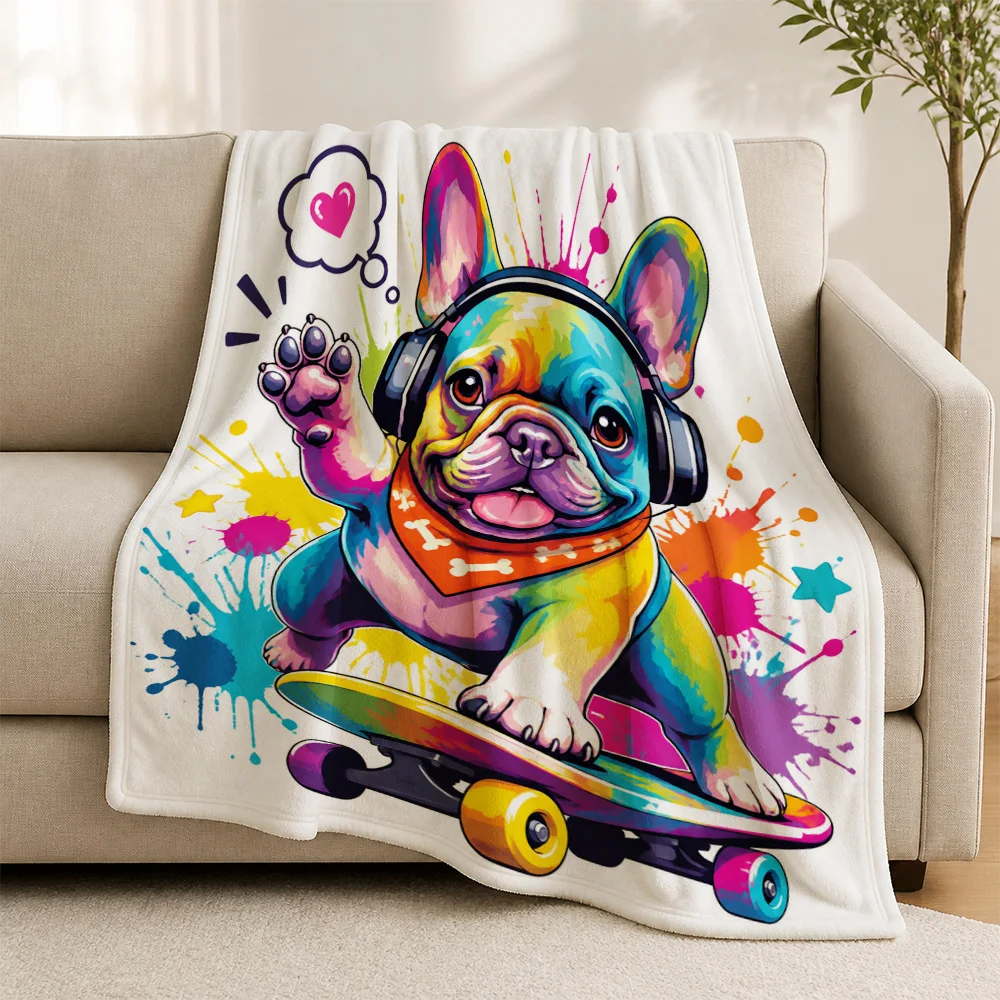 Vibrant Pop Art French Bulldog Skateboard Throw Blanket for Sofa Couch Decor Plush Knit Cozy Winter Fall Gift Idea