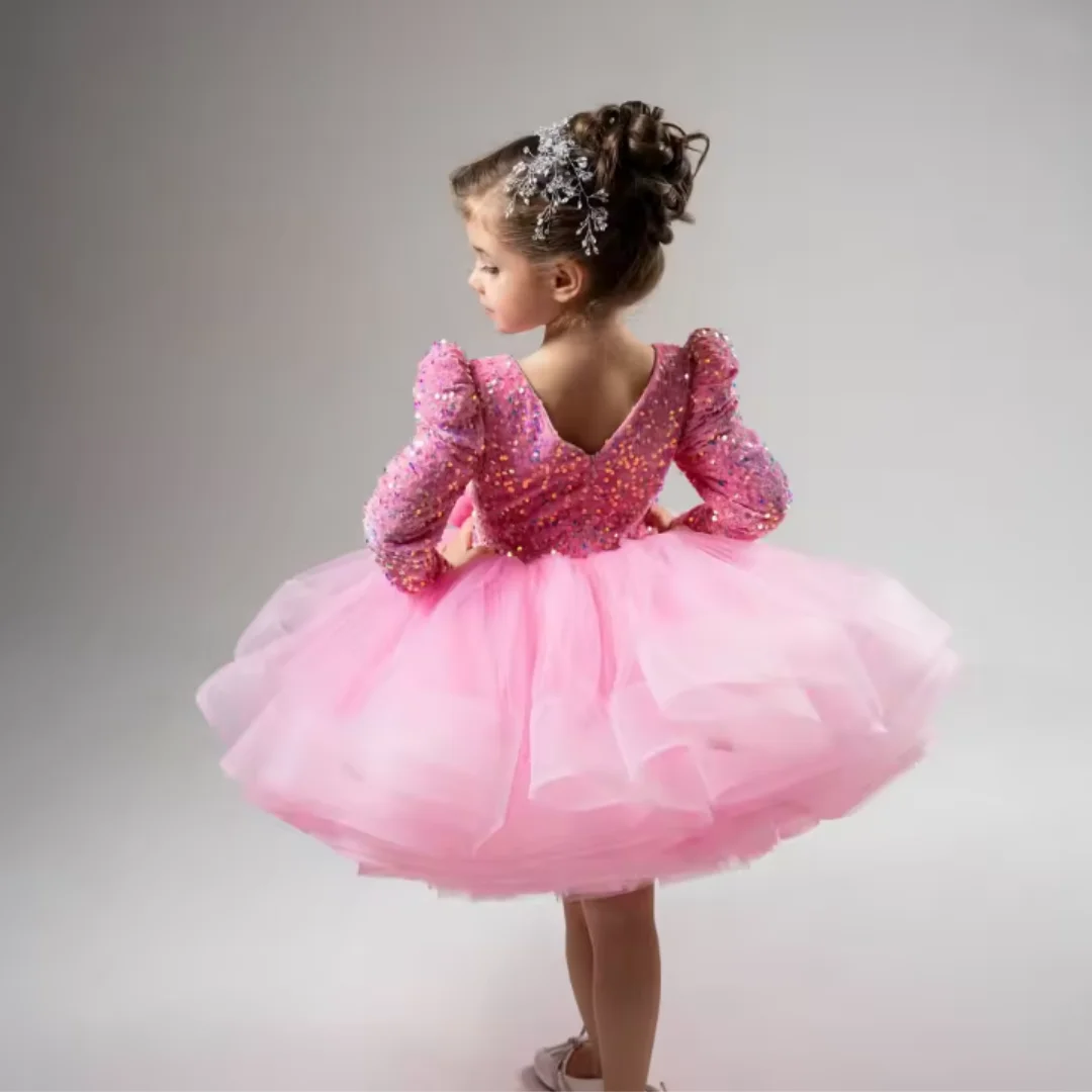 فستان فتاة الزهور اللامع من الدانتيل بأكمام طويلة بطول الركبة فستان الأميرة لحفلات الزفاف وأعياد الميلاد ومهرجانات التجميل والحفلات