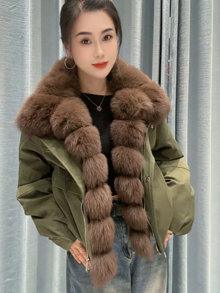 OFTBUY Daunenjacke mit Naturfell für Damen, warme, lässige Winterjacke mit Fellkragen und Reißverschluss, Damen-Daunenparka – Detail 11