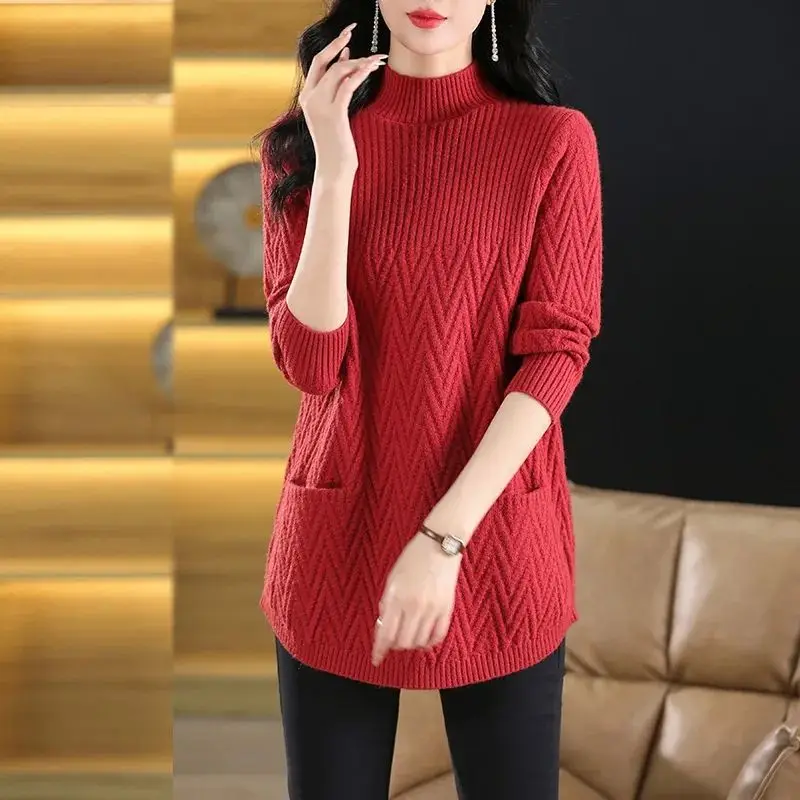 Temperament Autumn/Winter Women\'s Sweaters Pullovers Mock Neck Solid Pockets Screw Thread Fashion Long Sleeve Long Knitted Tops