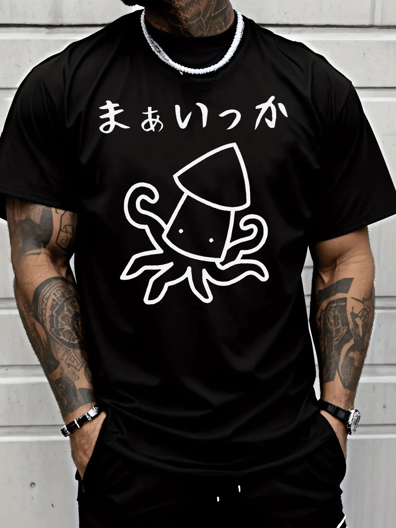 Japanese Ma Aikka Squid Line Art Mens Print T Shirt Simple Sea Creature Graphic Tee Casual Short Top Japanese Style Lover Gift