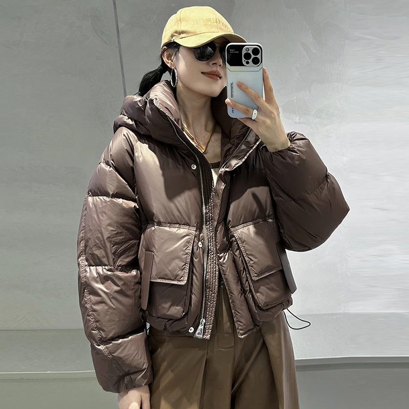 Short White Duck Down Jacket, Thickened Casual Warm Bread Clothing, Monochromatic Hooded Parker Coat, Autumn and Winter, New