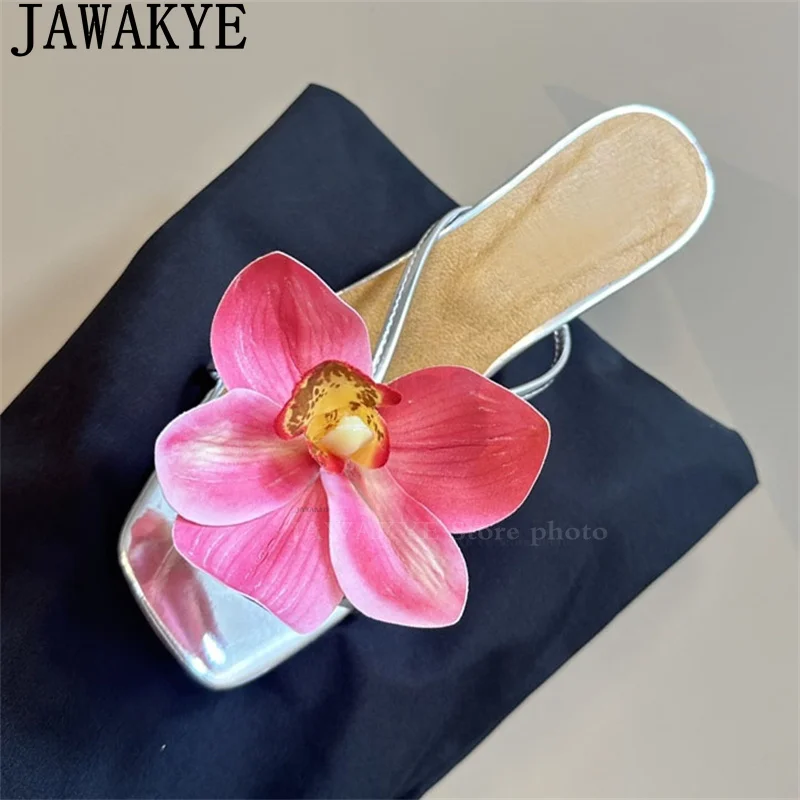 JAWAKYE Flower High Heel Slippers Women Square Toe Mules Slippers Summer Banquet Shoes Bohemian Holiday Dress Party Slippers