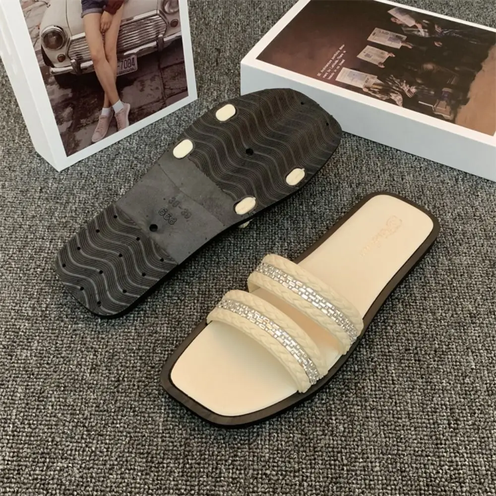 Luxury Crystal Flat Slippers Soft Sole Anti-slip Slides Sandal Color Blocking Beach Shoes Square Toe Slippers Women Summer