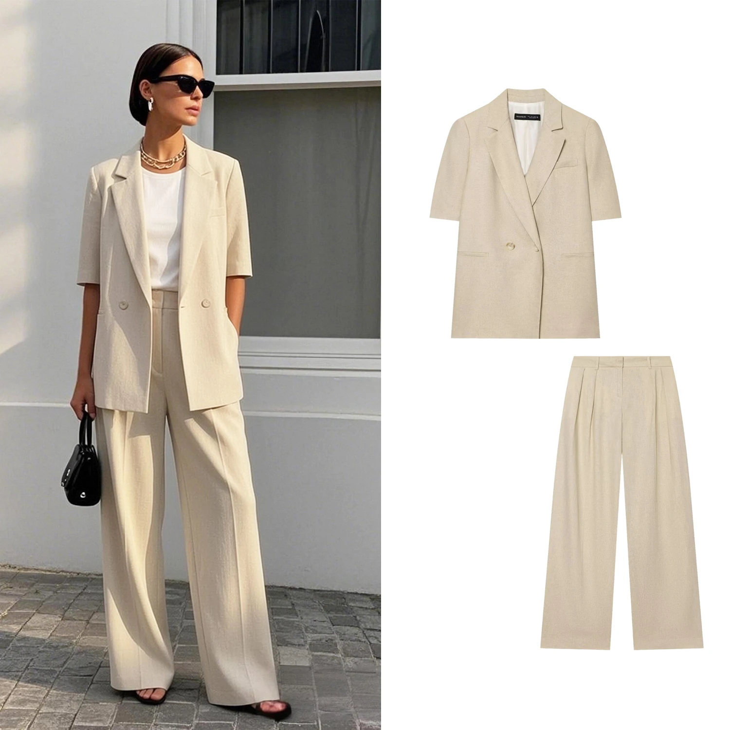 

Women Short Sleeve Blazer Pant Sets Or Spring Summer Female Elegant Double Breasted Loose Blazers Jacket Straight Long Pants