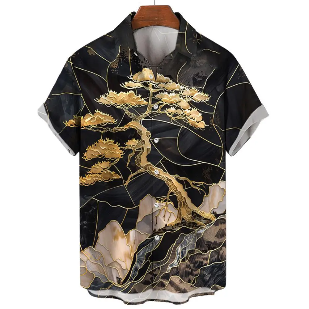 Luxe Herenoverhemd Japans Ukiyo-E Patroon Korte Mouwen Oversized T-Shirts Tops Hawaiiaans Shirt Zomer Casual Herenkleding