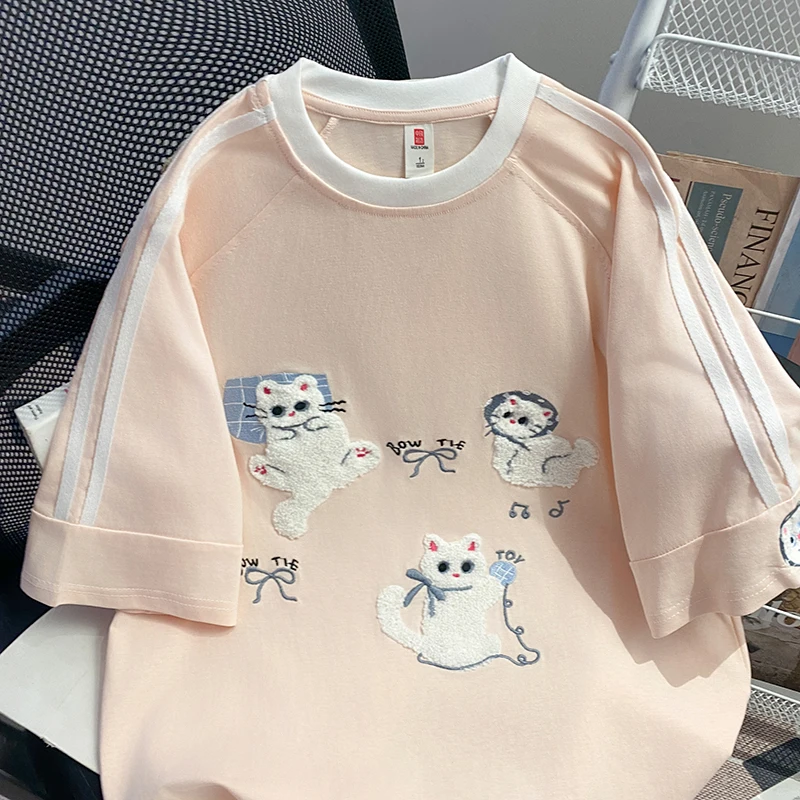 Light Blue Cotton T-shirt with Cute Cat Chenille Embroidery and Striped Sleeves Women's Casual Loose Short Sleeve Top view 4