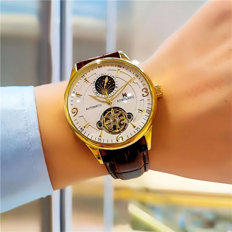 Men's Luxury Business-Style Mechanical Watch with Skeleton Dial, Round Alloy Case, Automatic Mechanical Movement, Leather Strap, No Battery, Perfect for Valentine's Day, Carnival, and Christmas