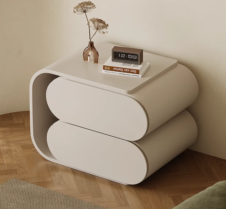 Designer cream rotating bedside table with expandable storage for a small bedroom in the living room or hotel
