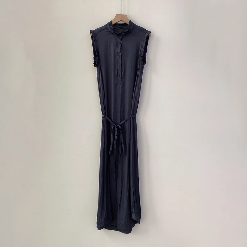 

Zadig Vintage Robe Women Fashion Navy Blue Sleeveless Casual Long Dress Female Spring Summer Fashion Crew Neck Ladies Long Robes