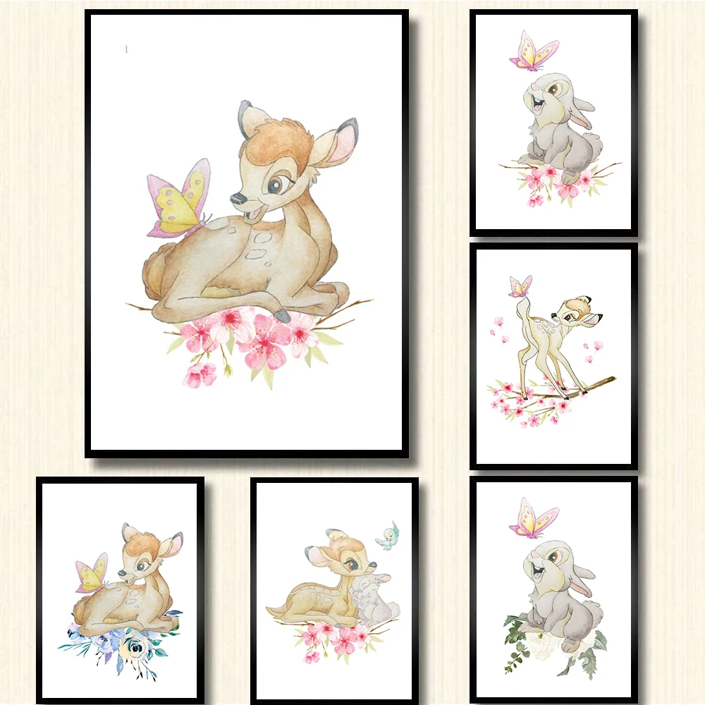 Disney Cartoon Bambi and Thumper Print Canvas Painting Watercolor Posters Wall Art Pictures for Kids Bedroom Nursery Home Decor