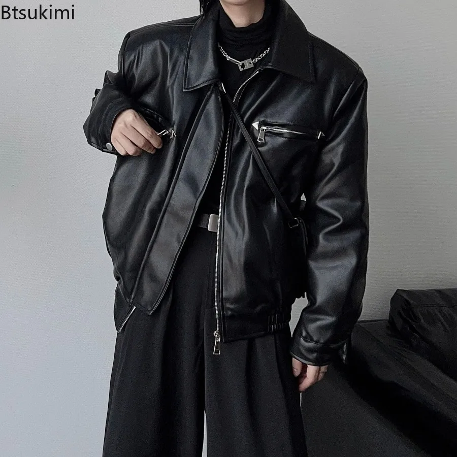2025 Men's PU Leather Coat Bomber Jacket Men Autumn Leather Jacket Lapel Zipper Biker Jacket for Men Clothing Coat Streetwear